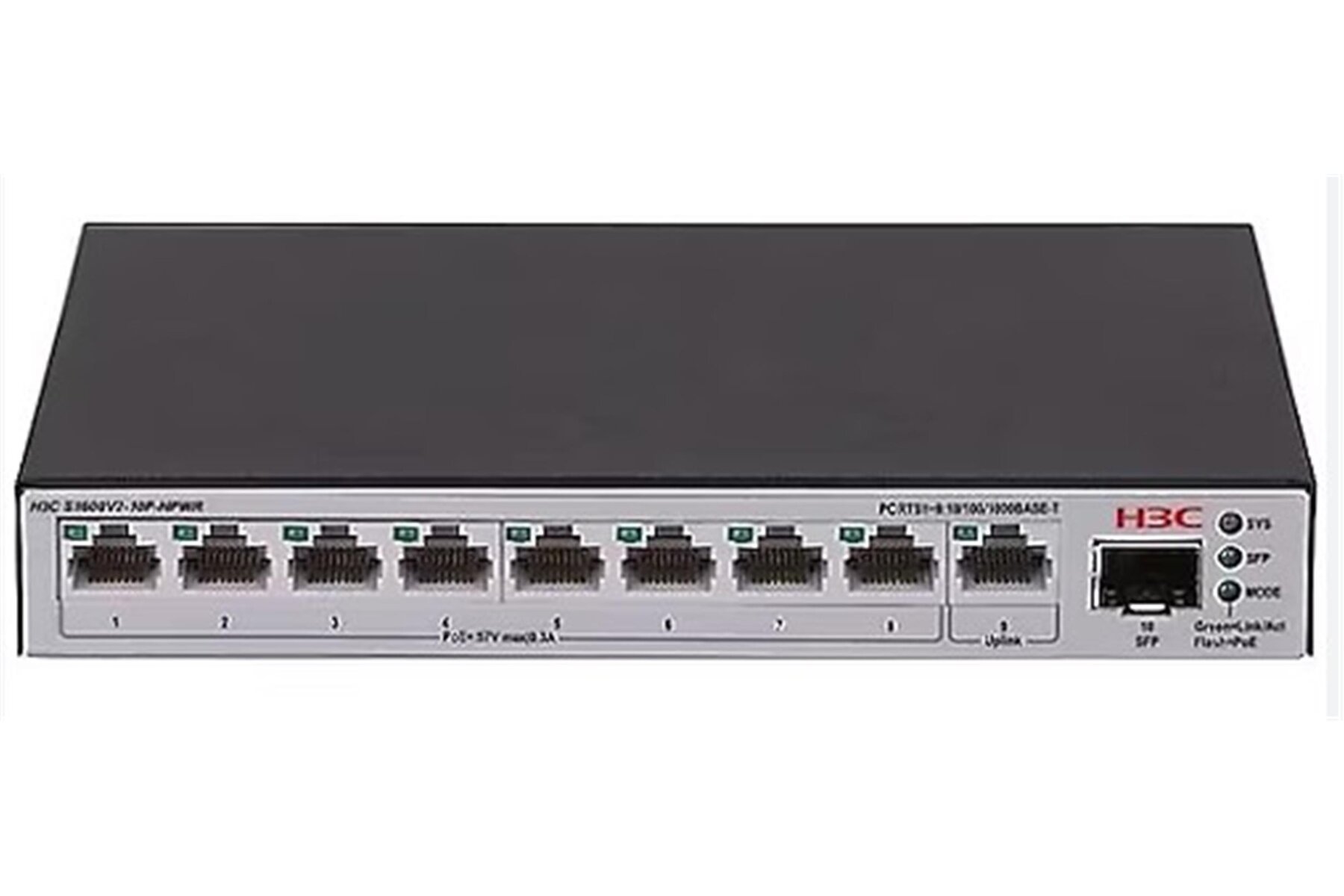 H3C S1600V2-10P-HPWR L2 9x 10-100-1000 BASE-T Ports (8x PoE+ Ports) 1x 1G SFP Port, 125W PoE+ Switch