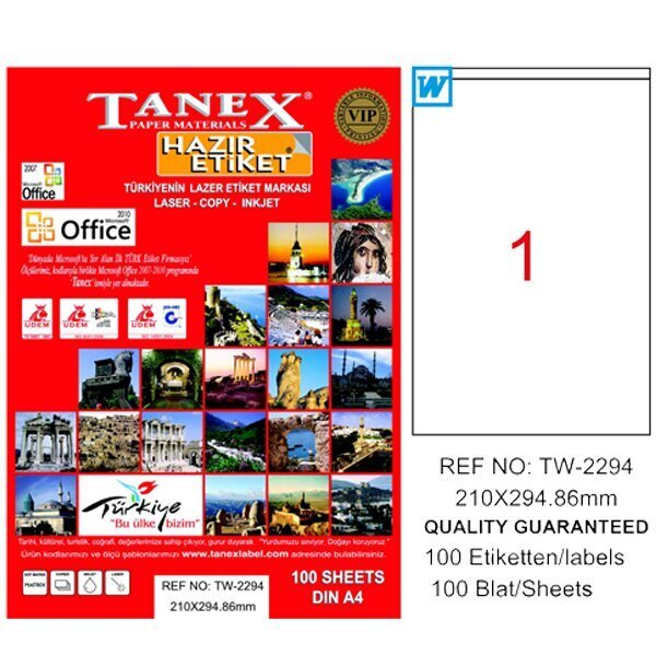 Tanex Laser Etiket 100 YP 210x294,86 Laser-Copy-Inkjet TW-2294
