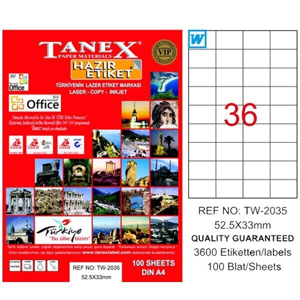 Tanex Laser Etiket 100 YP 52.5x33 Laser-Copy-Inkjet TW-2035