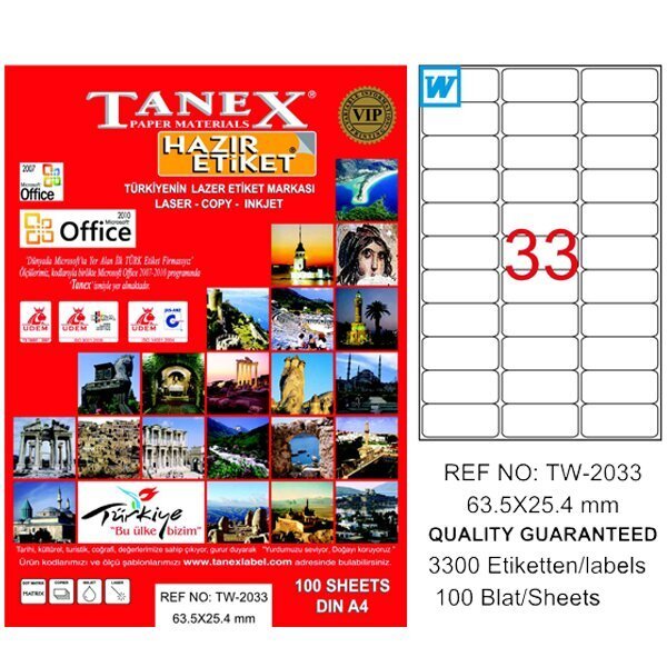 Tanex Laser Etiket 100 YP 63.5x25.4 Laser-Copy-Inkjet TW-2033