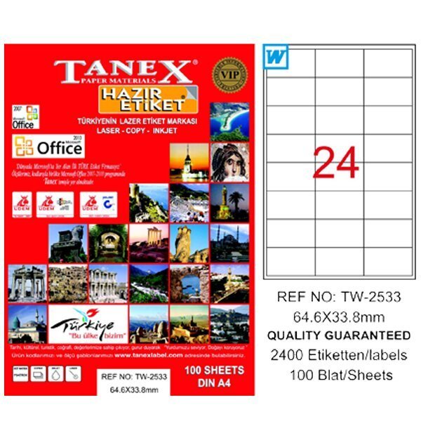 Tanex Laser Etiket 100 YP 64x33 Laser-Copy-Inkjet TW-2533