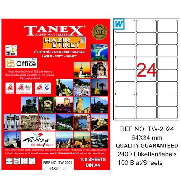 Tanex Laser Etiket 100 YP 64x34 Laser-Copy-Inkjet TW-2024