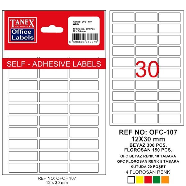 Tanex Ofis Etiketi Poşetli 12x30 MM Beyaz OFC-107