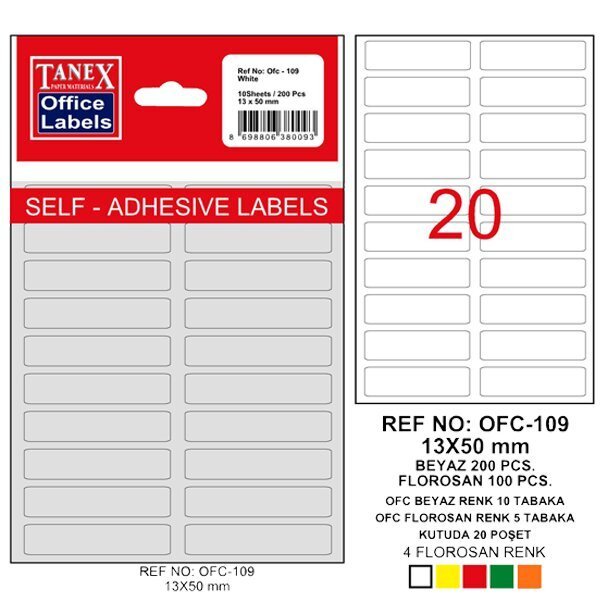 Tanex Ofis Etiketi Poşetli 13x50 MM Beyaz OFC-109