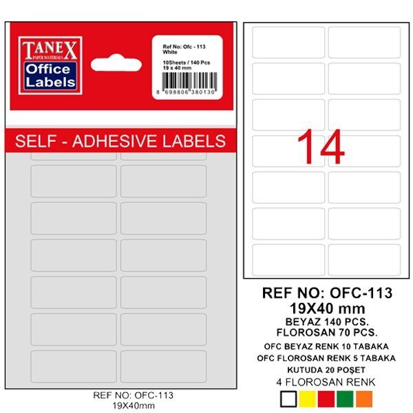 Tanex Ofis Etiketi Poşetli 19x40 MM Beyaz OFC-113
