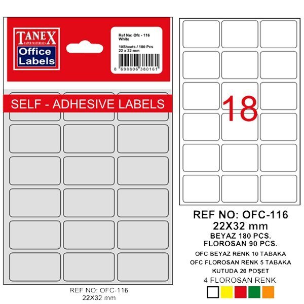 Tanex Ofis Etiketi Poşetli 22x32 MM Beyaz OFC-116