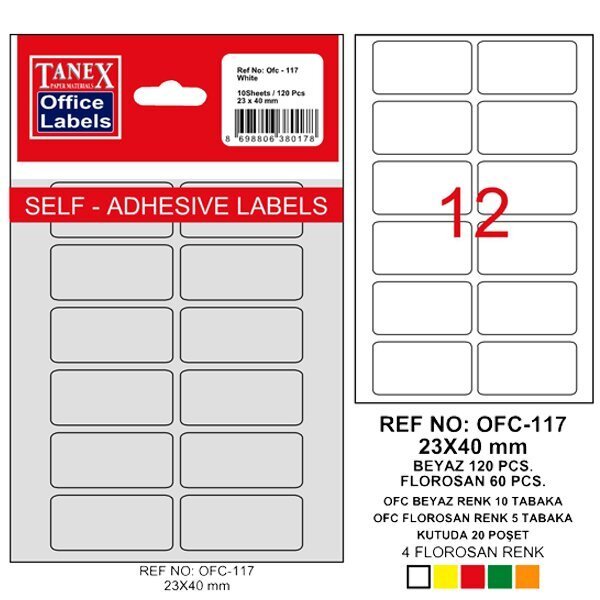 Tanex Ofis Etiketi Poşetli 23x40 MM Beyaz OFC-117