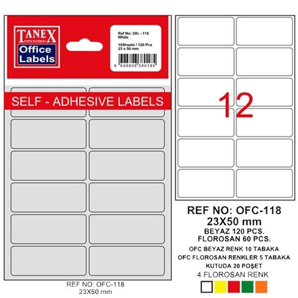 Tanex Ofis Etiketi Poşetli 23x50 MM Beyaz OFC-118