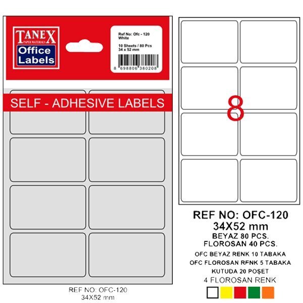 Tanex Ofis Etiketi Poşetli 34x55 MM Beyaz OFC-120