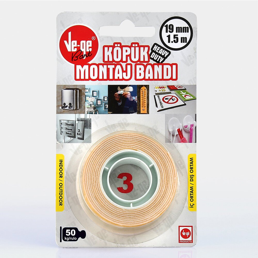 Vege Çift Taraflı Köpük Bant 19 MM x 1,5 Mt (3)