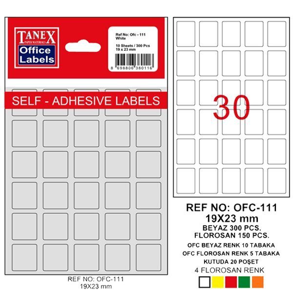 Tanex Ofis Etiketi Poşetli 19x23 MM Beyaz OFC-111
