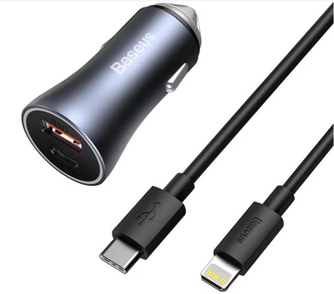 BASEUS Golden Connector Pro U+C 40W Type-C to Lightning Kablo Setli Araç İçi Şarj Cihazı Koyu Gri