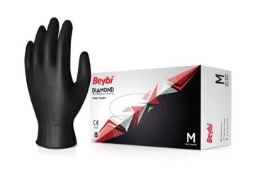 Beybi Diamond M Beden Pudrasız Kalın Siyah Nitril Eldiven Medium (Kutuda 100 Adet)