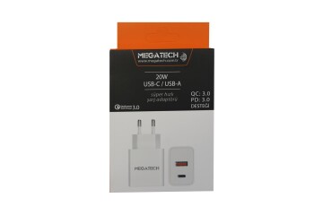 Megatech 20w Beyaz USB-C USB-A  Şarj Kafa QC:3.0-PD:3.0