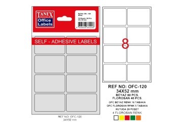 Tanex Ofis Etiketi Poşetli 34x55 MM Beyaz OFC-120