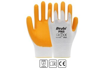 Beybi Nitril PMK PN5 Beyaz Sarı Örme Polyoster Nitril  9 Beden 12li Paket EN388 (3121X)