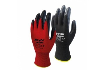 Beybi Nitril Poly PNzebra 9 Beden Kırmızı Siyah  Eldiven 12li Paket EN388 (3131X)