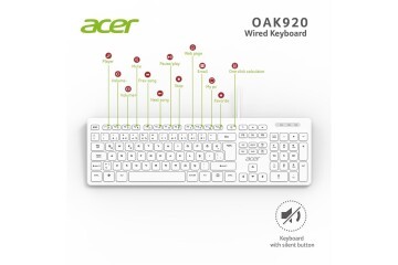 Acer OAK920 Q Usb Beyaz 1.8mt Kablolu Klavye-Tek Tuş Hesap Makinalı (Sessiz Tuş)