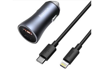 BASEUS Golden Connector Pro U+C 40W Type-C to Lightning Kablo Setli Araç İçi Şarj Cihazı Koyu Gri