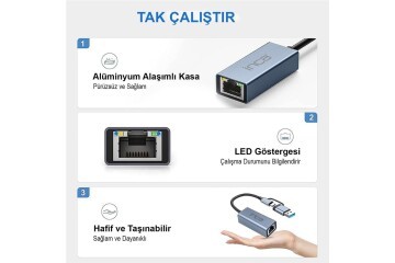 Inca IUTP-01TX Ethernet Adaptörü USB ve TYPE-Cye Bağlantı USB 3.0 ve TYPE-C 3.1 Alüminyum 1000Mbps