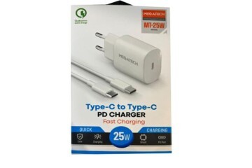 Megatech Mt-25w QC:3.0 PD:3.0 Ev Şarj Kafa+ Type-C To Type-C Şarj Kafası Hızlı Şarj