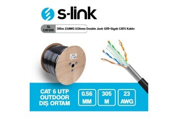S-link SL-CAT609 305m 23AWG 0.56mm CCA Double Jack GRİ+Siyah Dış Mekan