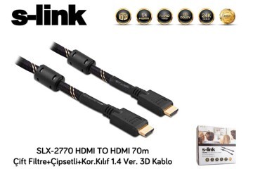 S-link SLX-2770 HDMI TO HDMI 70m Çift Filtre+Çipsetli+Kor.Kılıf 1.4 Ver. 3D Kablo
